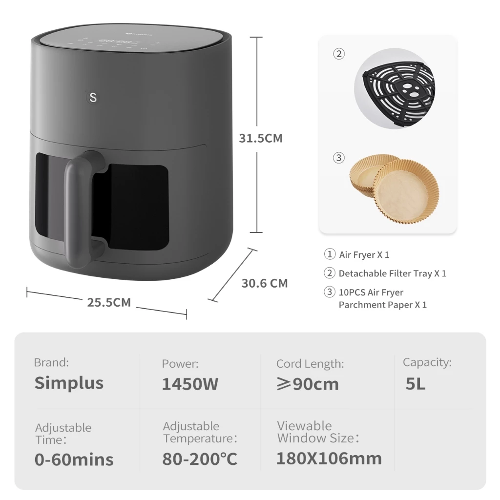 Simplus Digital Air Fryer 5L 1450W Multi-functional Digital LED Screen Touch Smart Sensing Power - Image 2