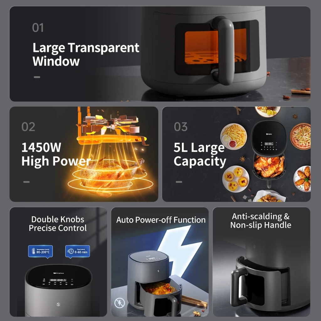 Simplus Digital Air Fryer 5L 1450W Multi-functional Digital LED Screen Touch Smart Sensing Power - Image 3